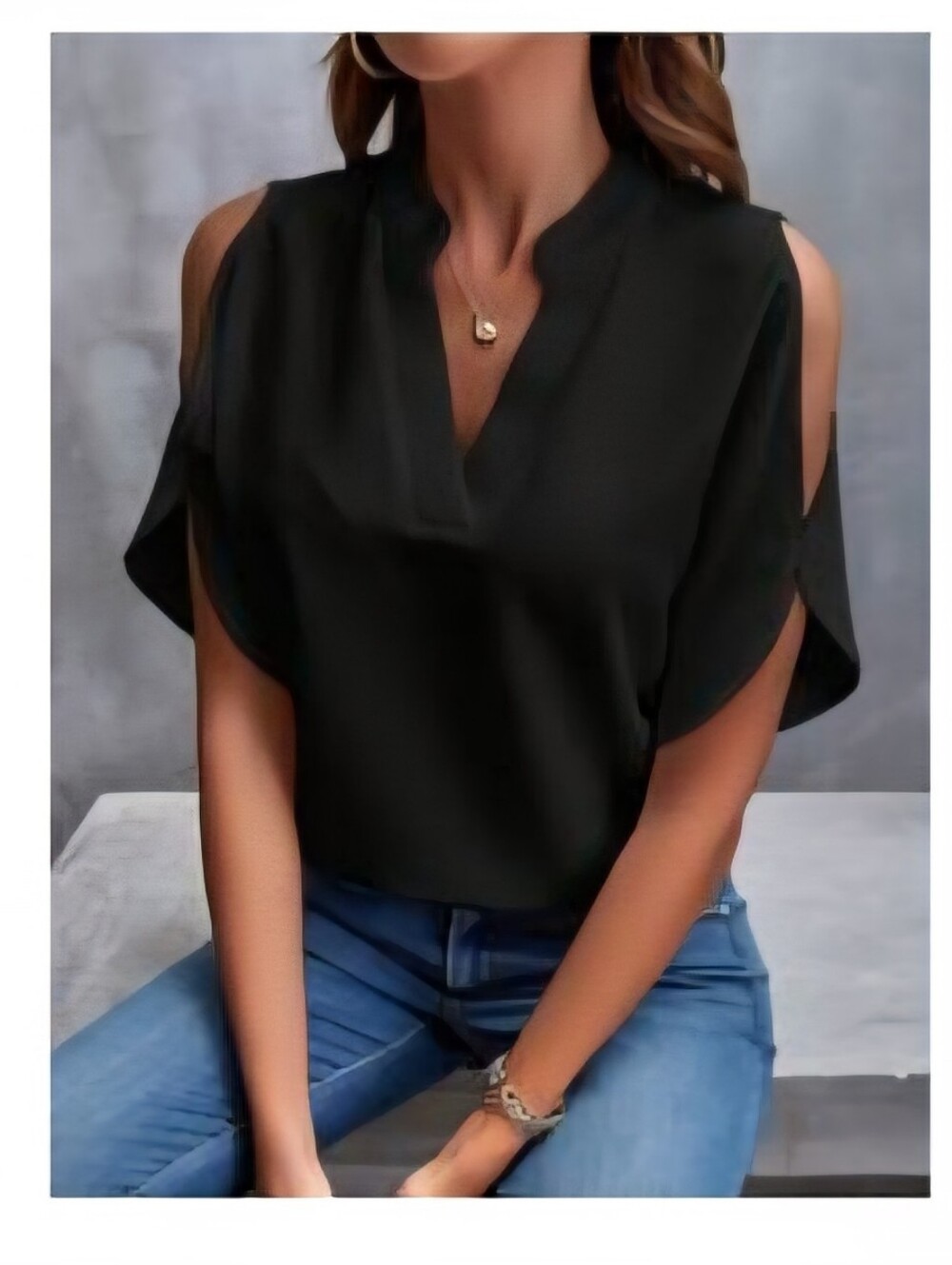 SHEIN Black Cold-Shoulder V-Neck Blouse
